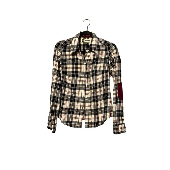 Roots Flannel Shirt Feminine Cut Size XS White Black Maroon Elbow Patches READ - Picture 1 of 6
